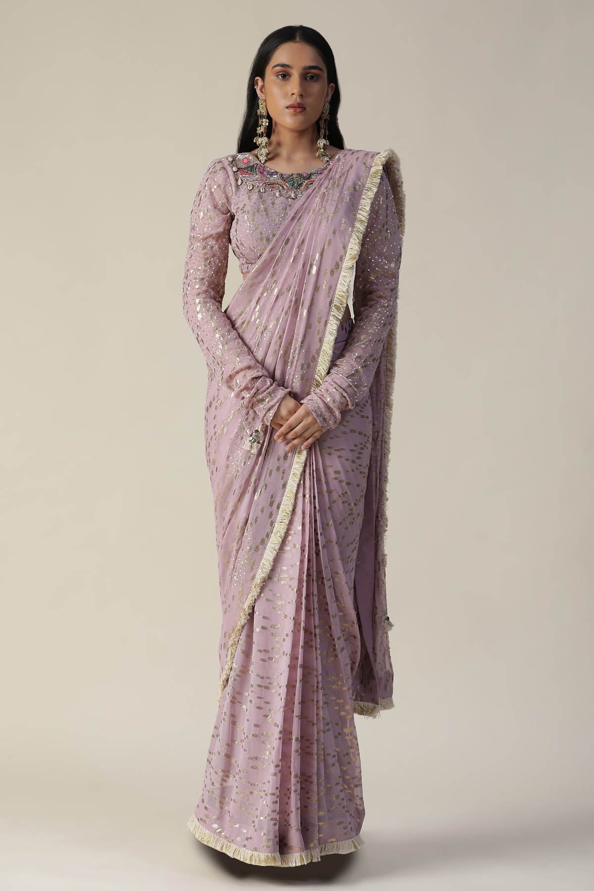 Buy Arpita SulakshanaLilac Sequins Pre Draped Saree Set